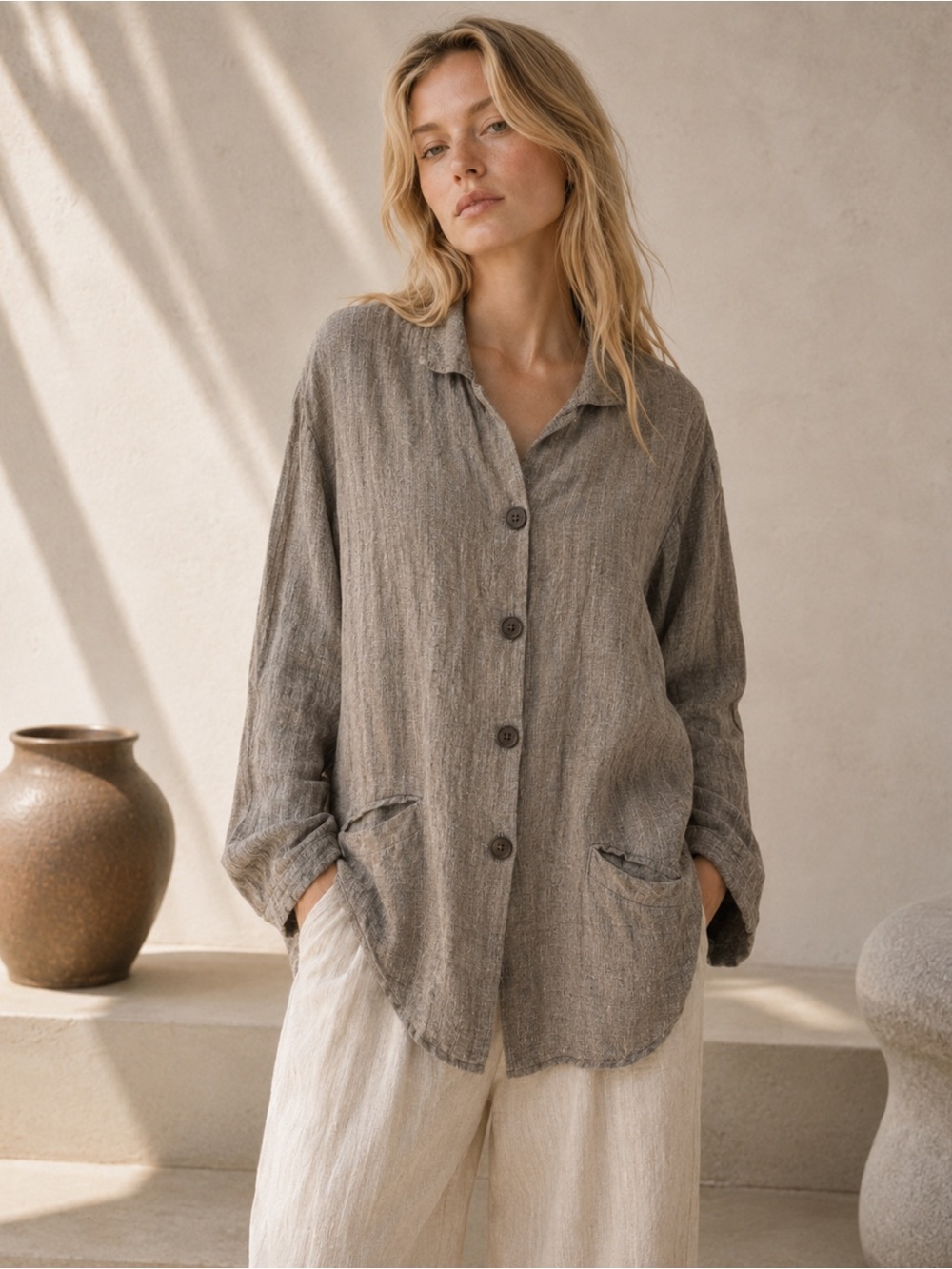 Vintage FLAX Jeanne Engelhart 100% Linen Studio Jacket S Lagenlook Shacket Boho